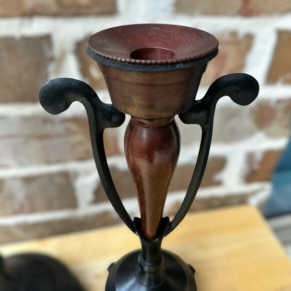 VTG Painted Yellow Brass Metal Candle Holders MCM Tripod 15" & 11.5" Set Of 2 - Picture 7 of 12